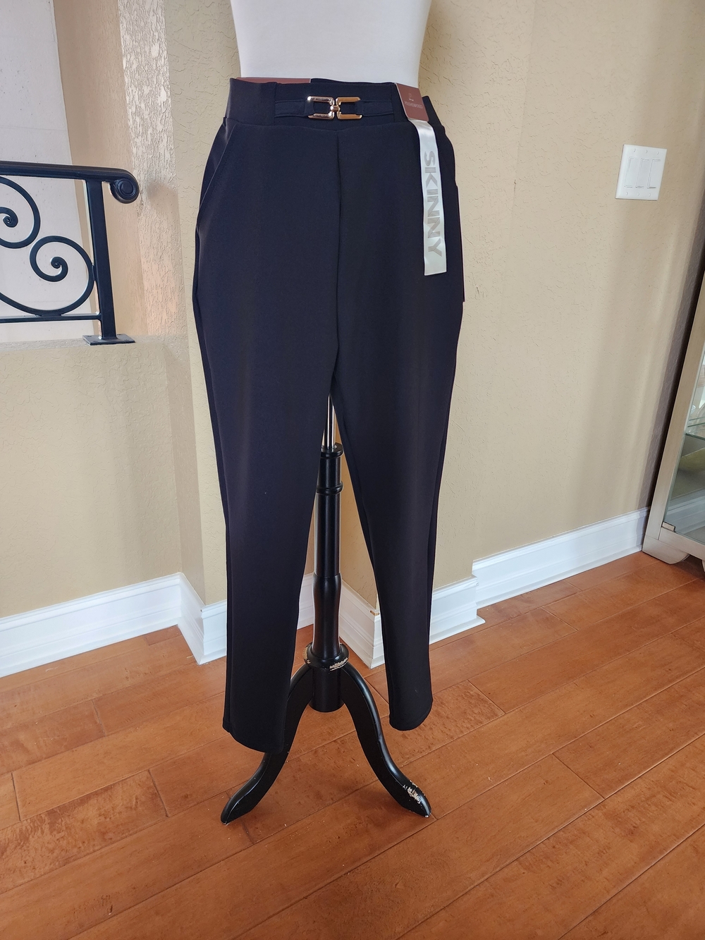 Black High-Rise Cropped Tapered Pants with Decorative Buckle